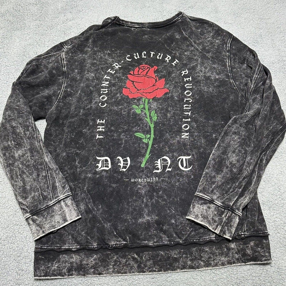 DVNT Clothing Acid Washed Crew Neck Sweatshirt Y2K Streetwear Rose‎ Logo Size L